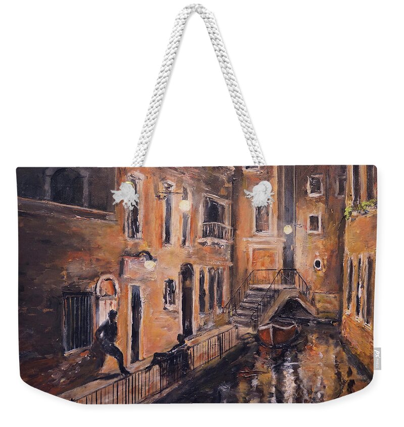 Canal. Venice Weekender Tote Bag featuring the painting Late Evening by Alan Lakin