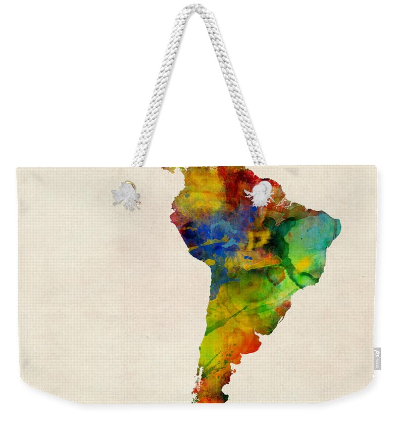 South America Map Weekender Tote Bag featuring the digital art Latin America Watercolor Map by Michael Tompsett