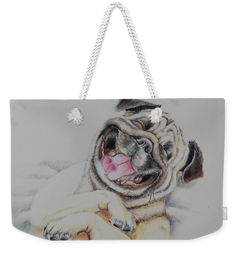 Laughing Weekender Tote Bag featuring the painting Laughing Pug by Teresa Smith