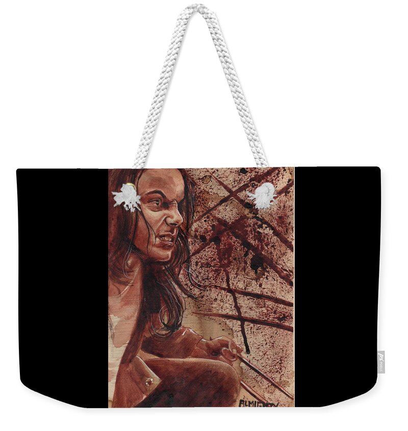 Ryanalmighty Weekender Tote Bag featuring the painting Laura - dry blood by Ryan Almighty