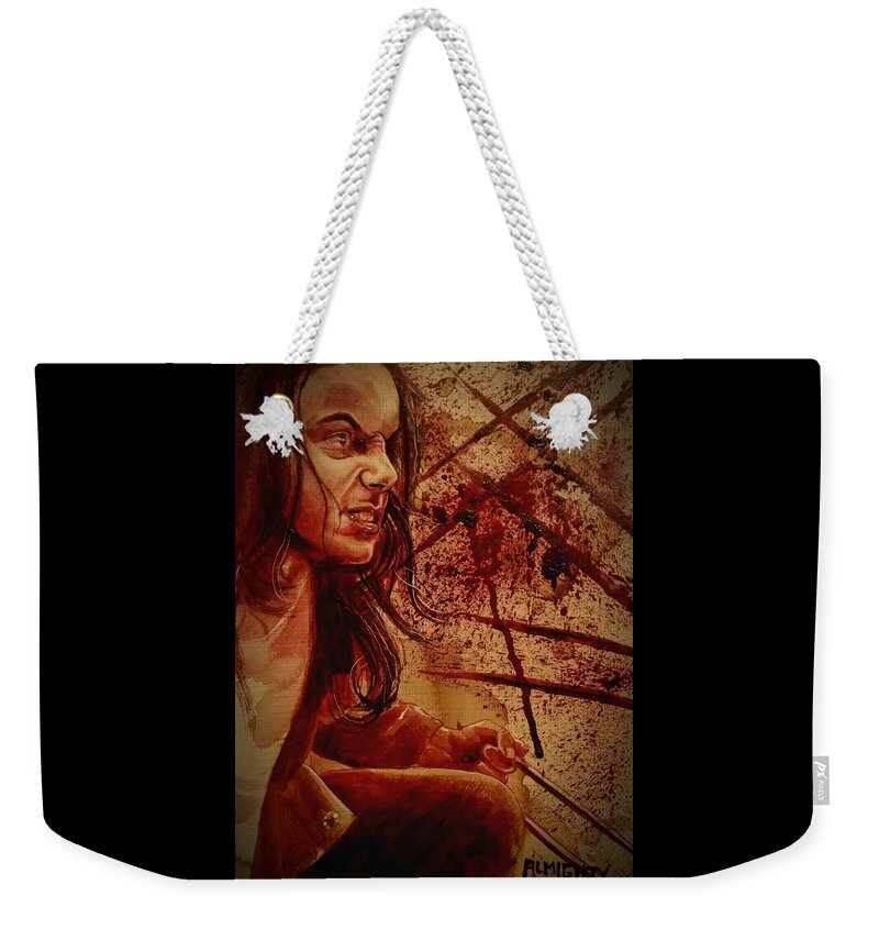 Ryanalmighty Weekender Tote Bag featuring the painting Laura - wet blood by Ryan Almighty
