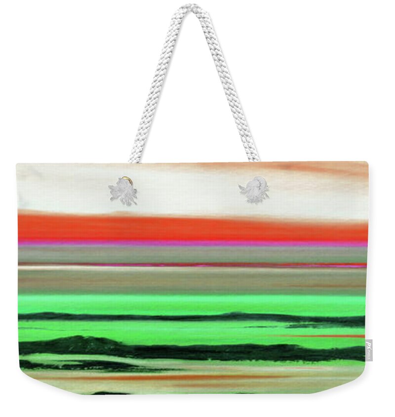 Sunset Weekender Tote Bag featuring the painting Lava Rock Abstract Panoramic Sunset in Red and Green by Gina De Gorna