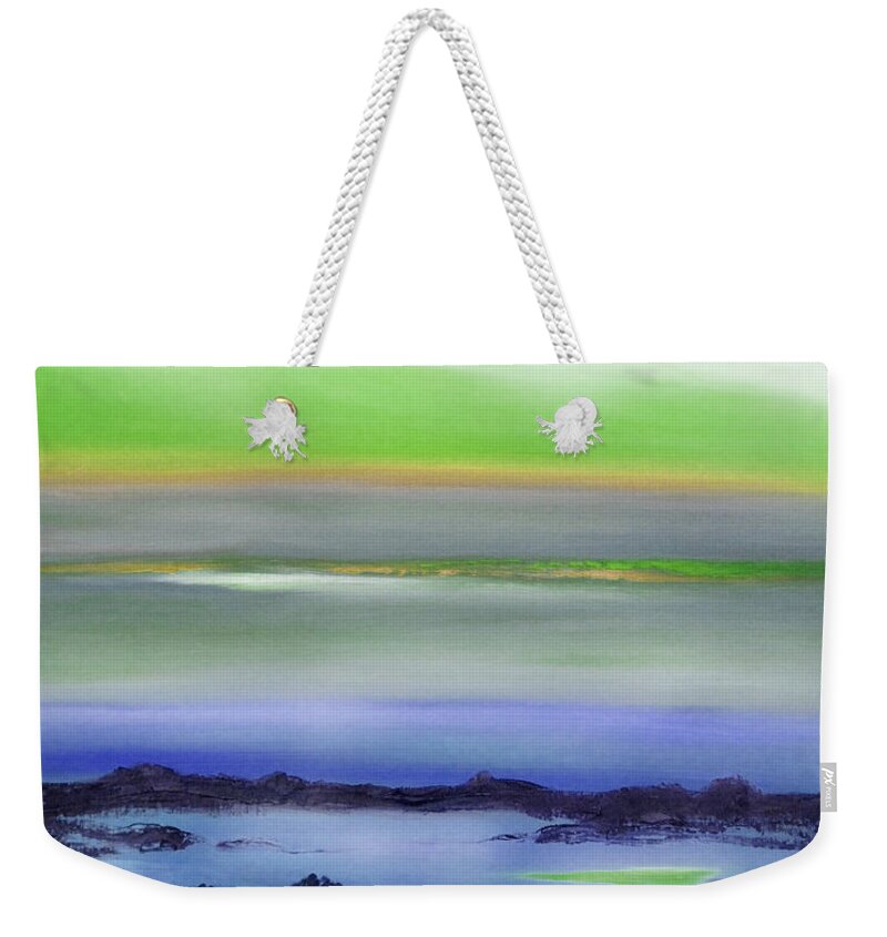 Sunset Weekender Tote Bag featuring the painting Lava Rock Abstract Sunset in Blue and Green by Gina De Gorna