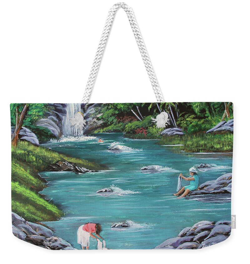 Quebrada Weekender Tote Bag featuring the painting Lavando Ropa  Washing Clothes by Luis F Rodriguez