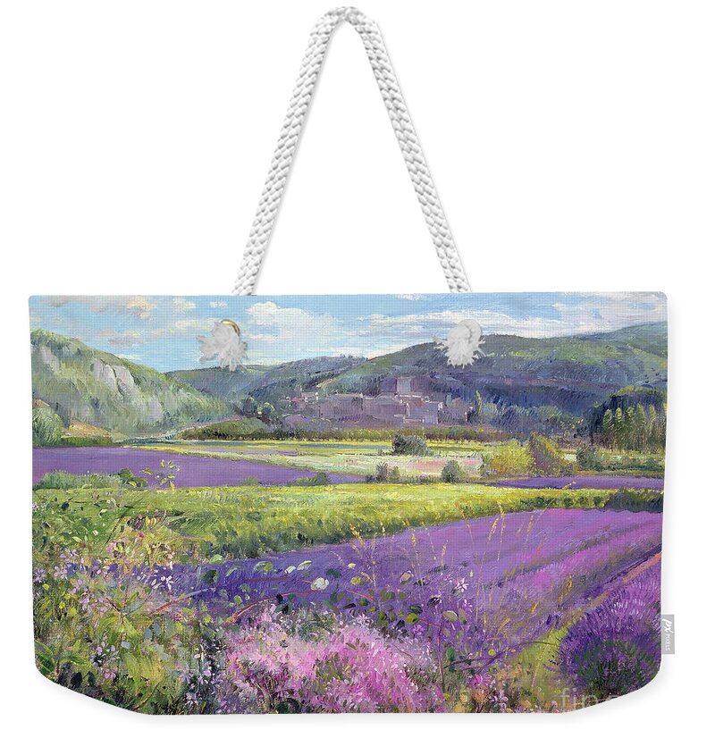 Field; South Of France; French Landscape; Hills; Hill; Landscape; Flower; Flowers Weekender Tote Bag featuring the painting Lavender Fields in Old Provence by Timothy Easton