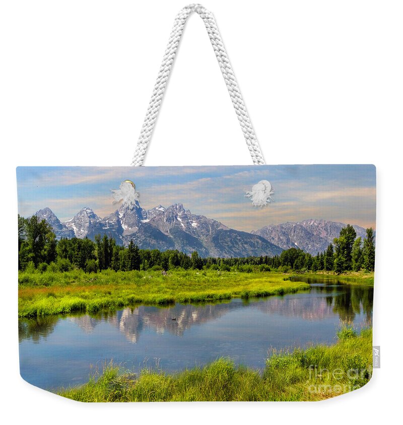 Mount Moran Weekender Tote Bag featuring the photograph Lavender Teton Peaks by Karen Jorstad