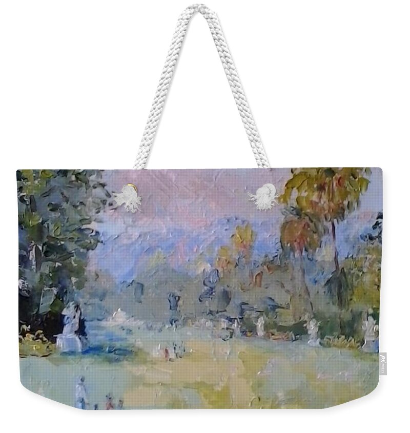 Viridian Grass Weekender Tote Bag featuring the painting Lawns and Statues Huntington House San Marino USA by Elinor Fletcher