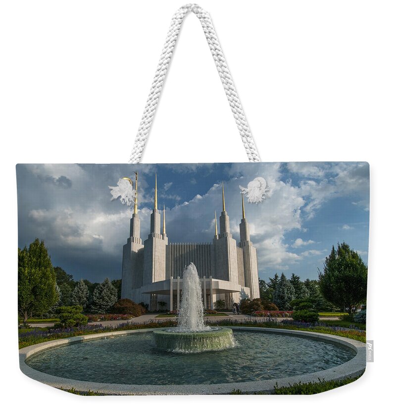 Architecture Weekender Tote Bag featuring the photograph LDS Water fountain by Brian Green