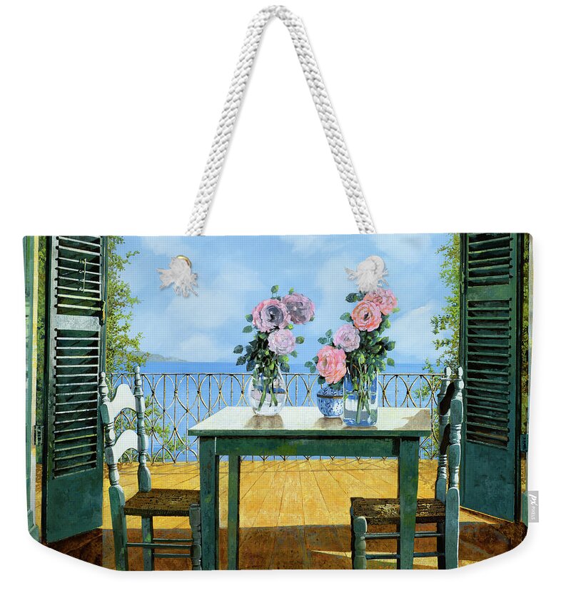 Terrace Weekender Tote Bag featuring the painting Le Rose Sul Tavolo Al Balcone by Guido Borelli