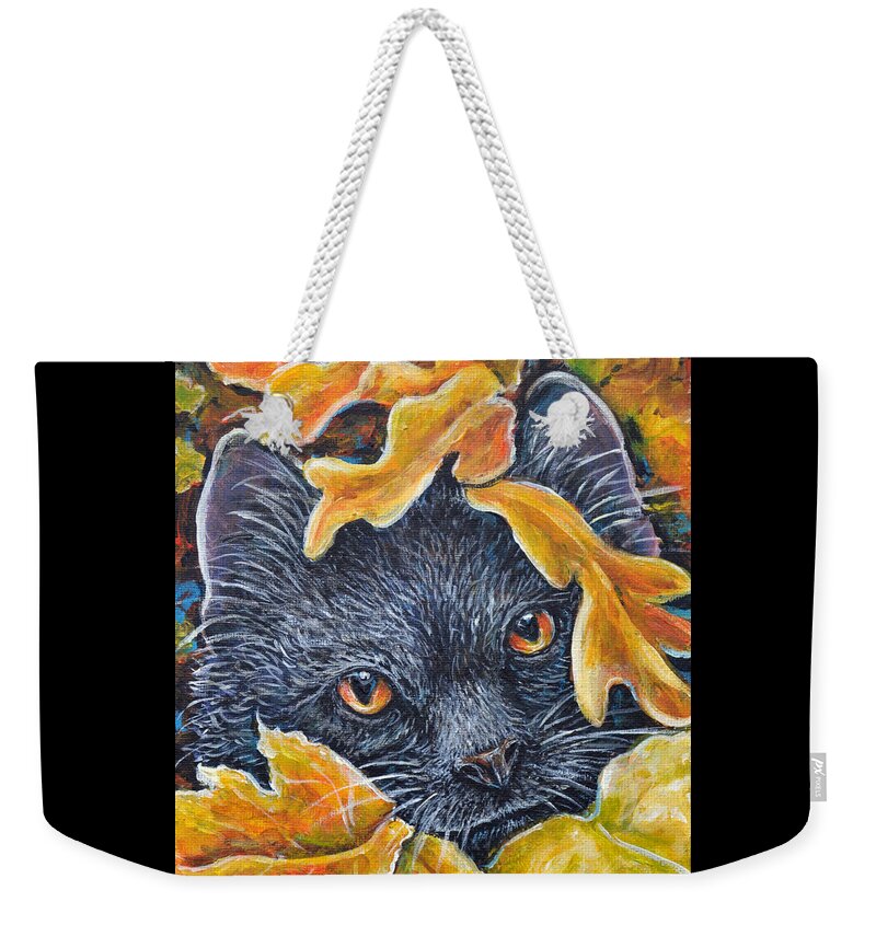 Fall Cat Kitten Black Leaves Leaf Orange Weekender Tote Bag featuring the painting Leaf Jumper by Gail Butler