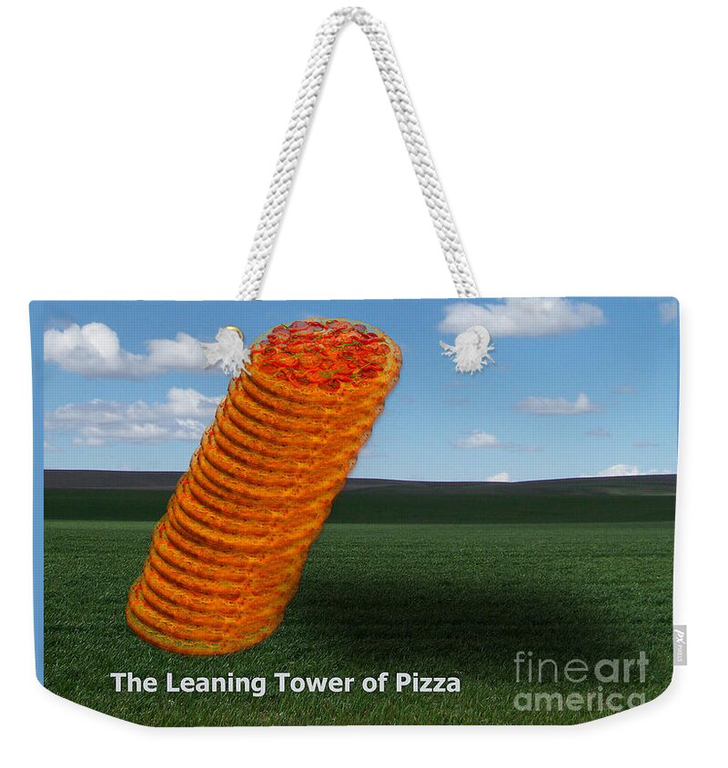 Whimsical Weekender Tote Bag featuring the digital art Leaning Tower of Pizza by Charles Robinson