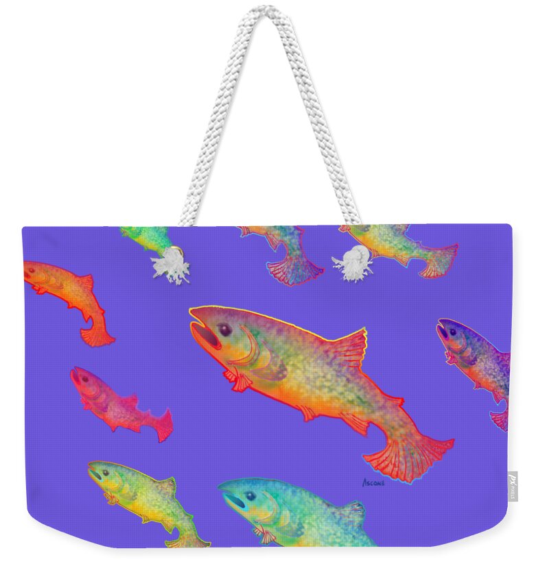  Creatures Of The Wild Weekender Tote Bag featuring the mixed media Leaping Salmon shirt image by Teresa Ascone