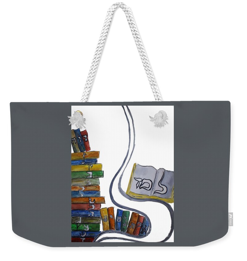 Lamed Learning To Learn To Teach Hagigah Rashi Tower Flying Air Talmud Judaica Hebrew Letters Jewish Weekender Tote Bag featuring the painting Learning Lamed by Hebrewletters SL
