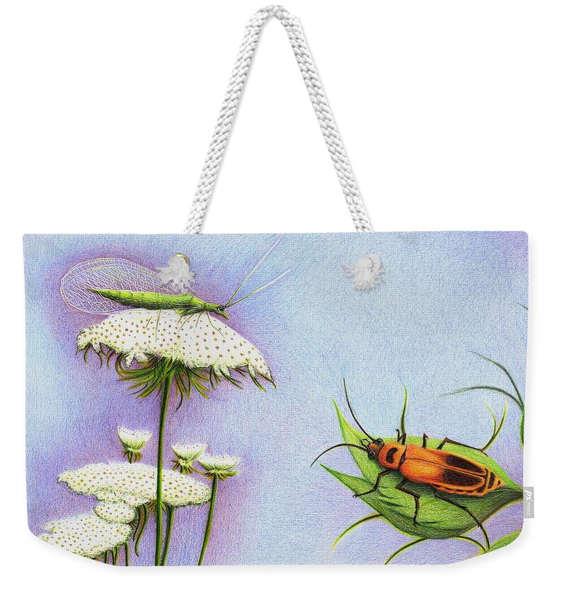 Lacewing Weekender Tote Bag featuring the drawing Leather and Lace... for the Gardeners by Danielle R T Haney