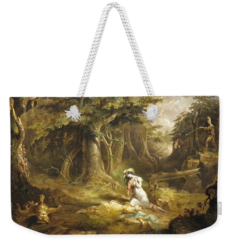 John Quidor Weekender Tote Bag featuring the painting Leatherstocking's Rescue by John Quidor