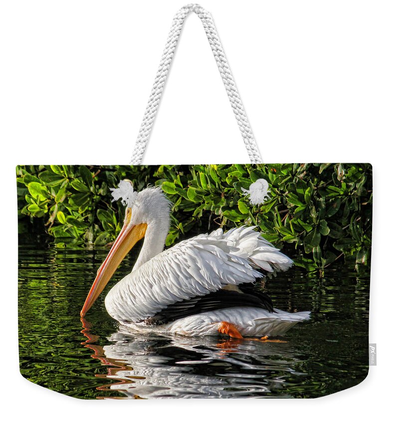 American White Pelican Weekender Tote Bag featuring the photograph Leaving Now by H H Photography of Florida by HH Photography of Florida