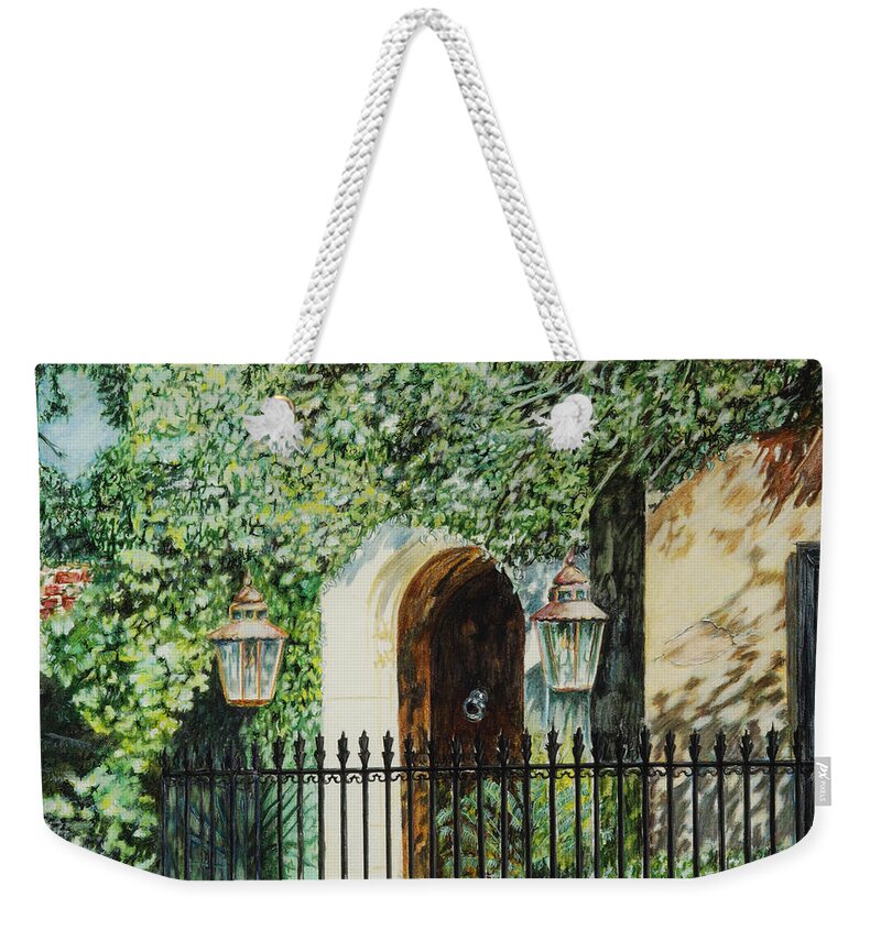 Downtown Weekender Tote Bag featuring the painting Legare Street Lamps by Thomas Hamm