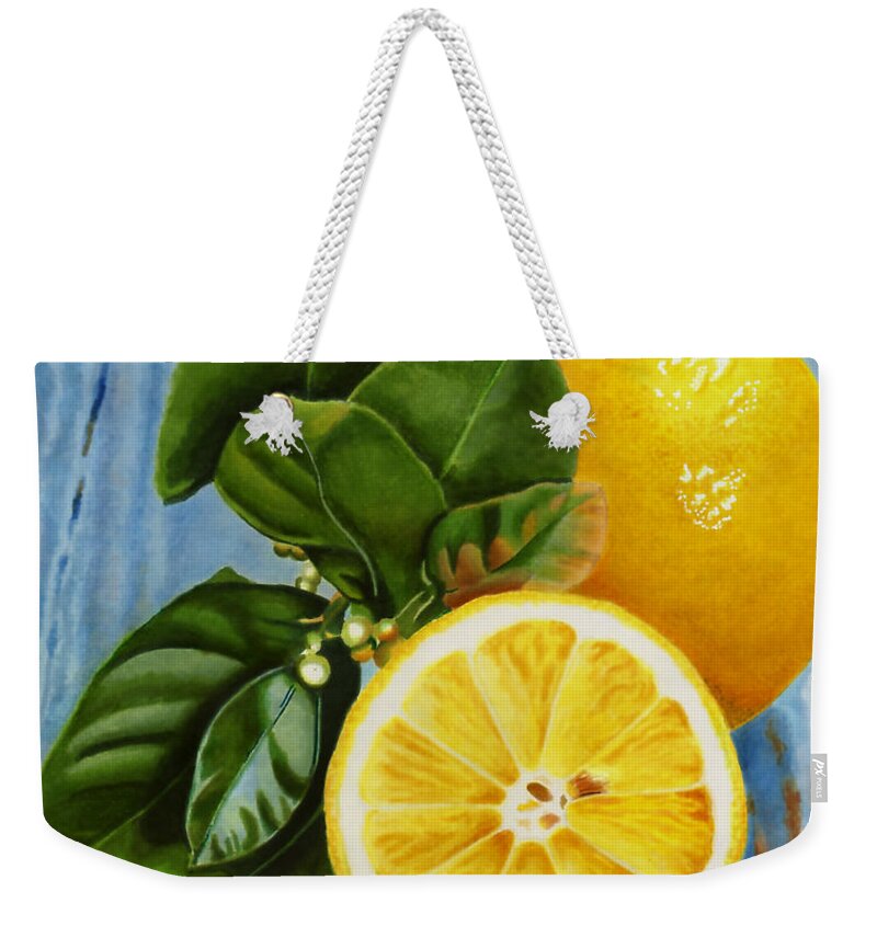 Lemon Weekender Tote Bag featuring the drawing Lemon Fresh by Cory Still