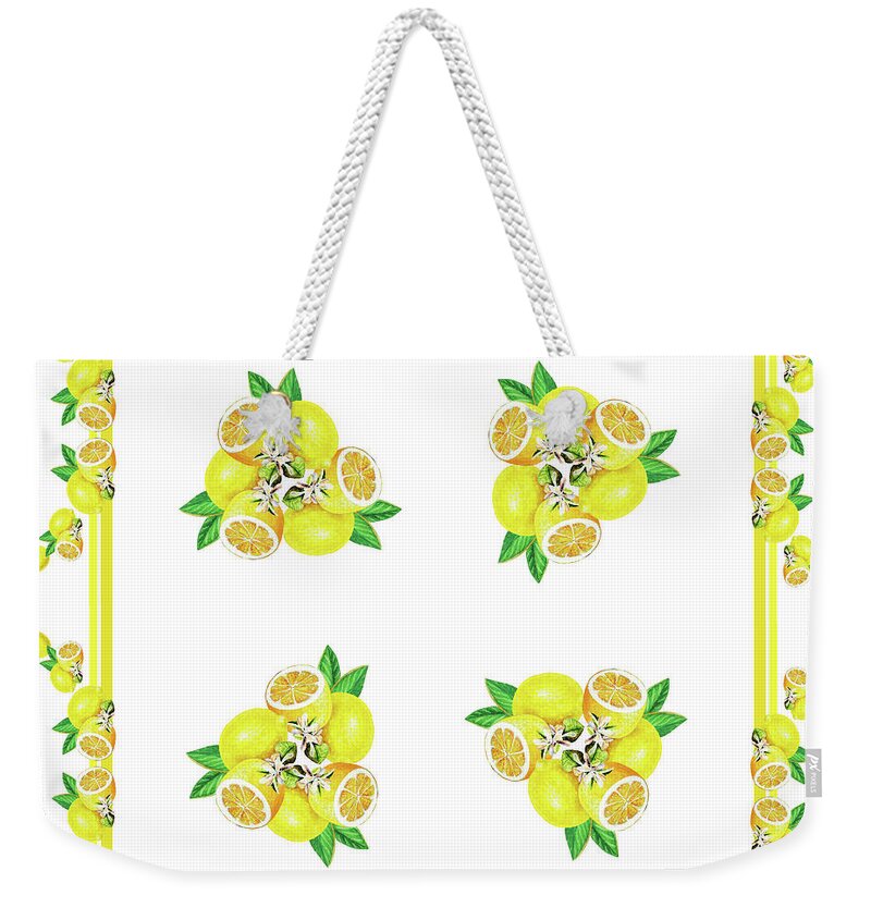 Lemons Weekender Tote Bag featuring the painting Lemons And Blossoms Decorative Watercolor III by Irina Sztukowski