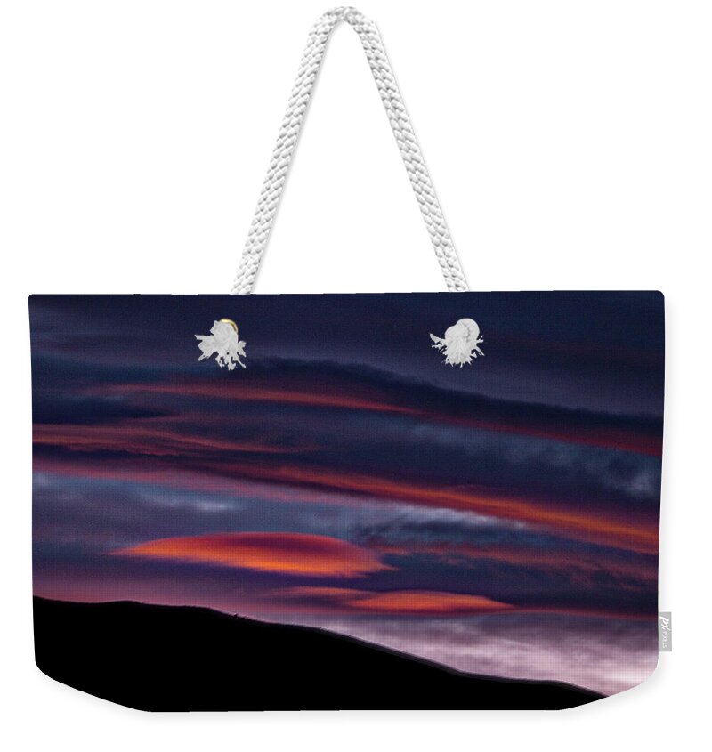 Patagonia Weekender Tote Bag featuring the photograph Lenticular Clouds at Sunset - Patagonia by Stuart Litoff