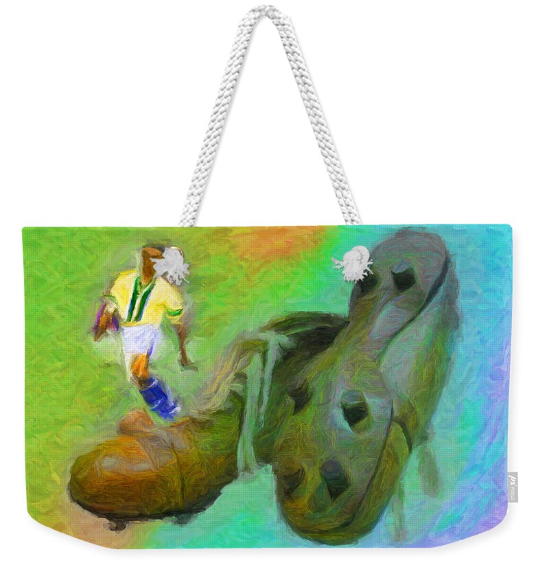 Leonidas Weekender Tote Bag featuring the digital art Leonidas and Soccer Shoes by Caito Junqueira