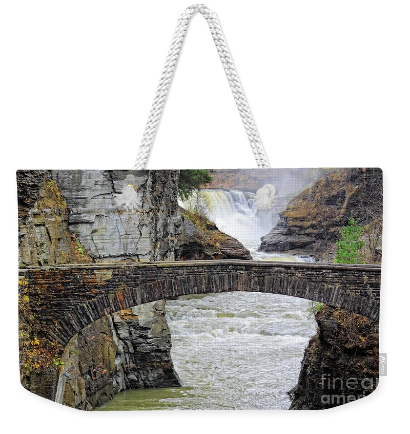 Letchworth Weekender Tote Bag featuring the photograph Letchworth Lower Falls by Charline Xia