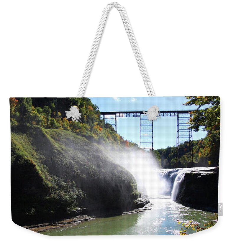Landscape Weekender Tote Bag featuring the photograph Letchworth State Park Railroad Bridge by Trina Ansel