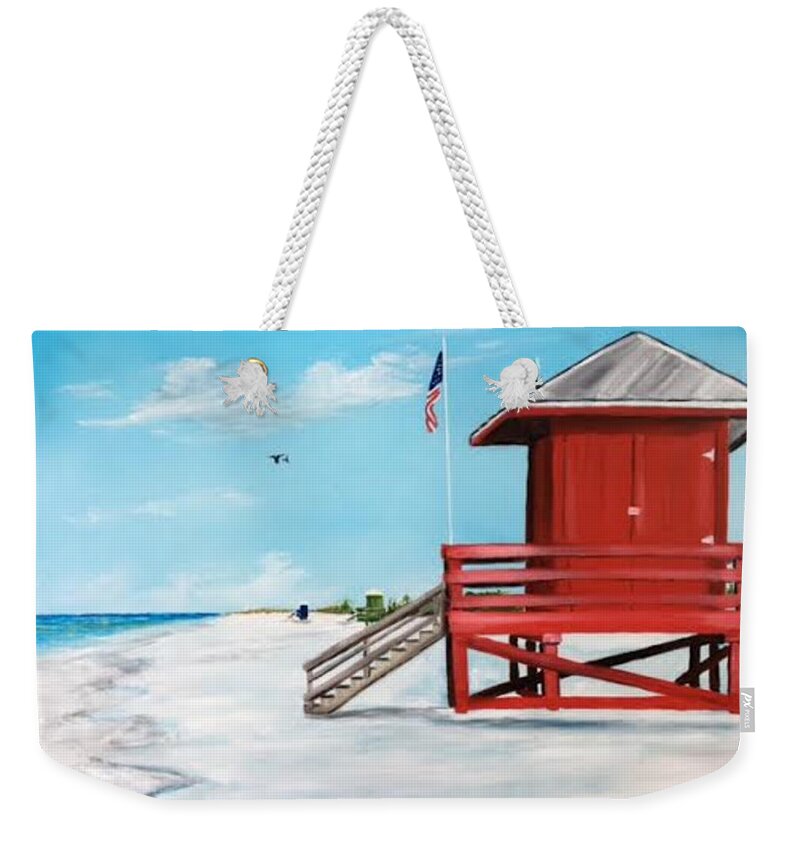 Lifeguard Shack Weekender Tote Bag featuring the painting Let's Meet At The Red Lifeguard Shack by Lloyd Dobson