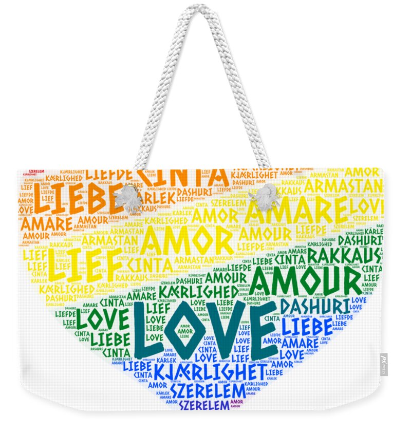 Word Weekender Tote Bag featuring the photograph LGBT Rainbow Hearth Flag illustrated with Love Word of different languages by Artpics