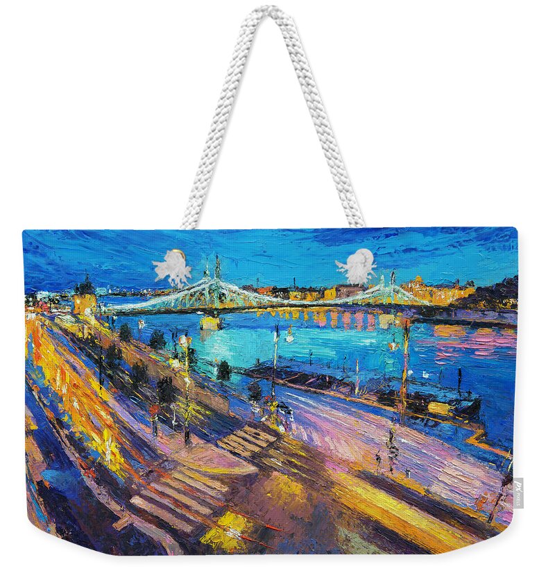 Budapest Cityscape Weekender Tote Bag featuring the painting Liberty Bridge and The Danube at Night by Judith Barath
