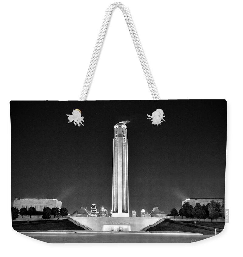 Liberty Weekender Tote Bag featuring the photograph Liberty Memorial in Kansas City BW by Catherine Sherman