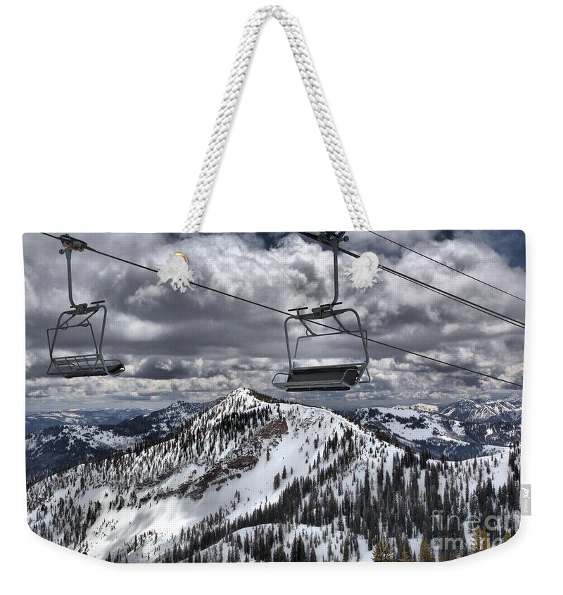 Baldy Weekender Tote Bag featuring the photograph Lift Chairs Above The Wasatch Peaks by Adam Jewell
