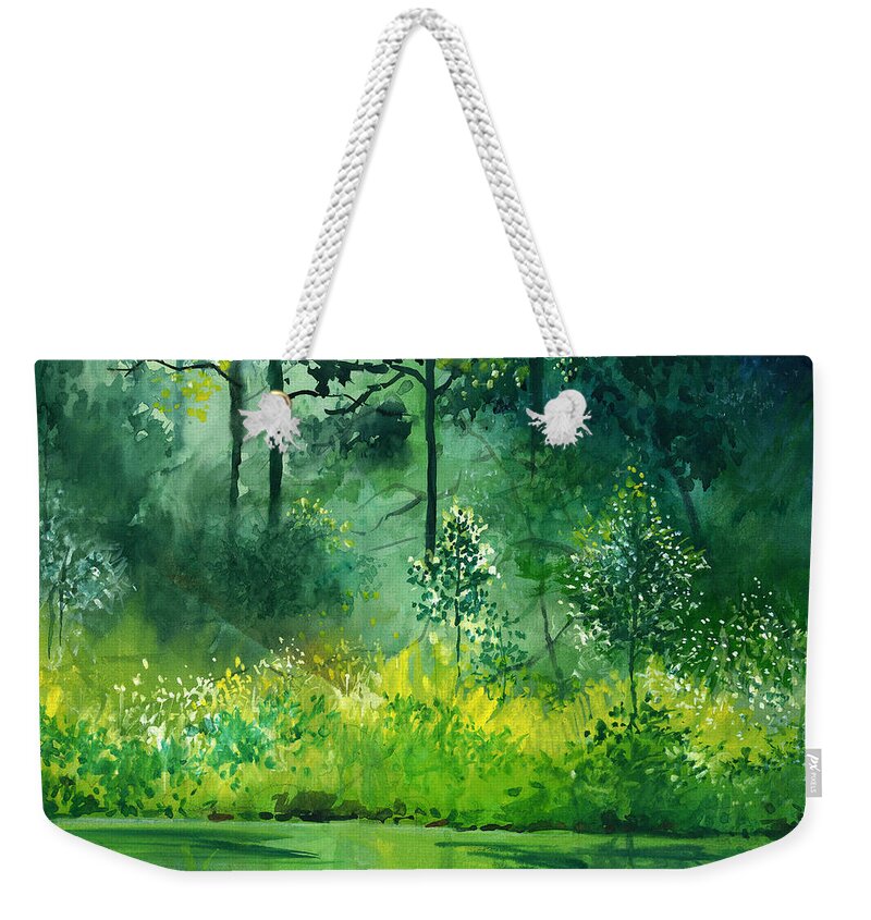 Water Weekender Tote Bag featuring the painting Light N Greens by Anil Nene
