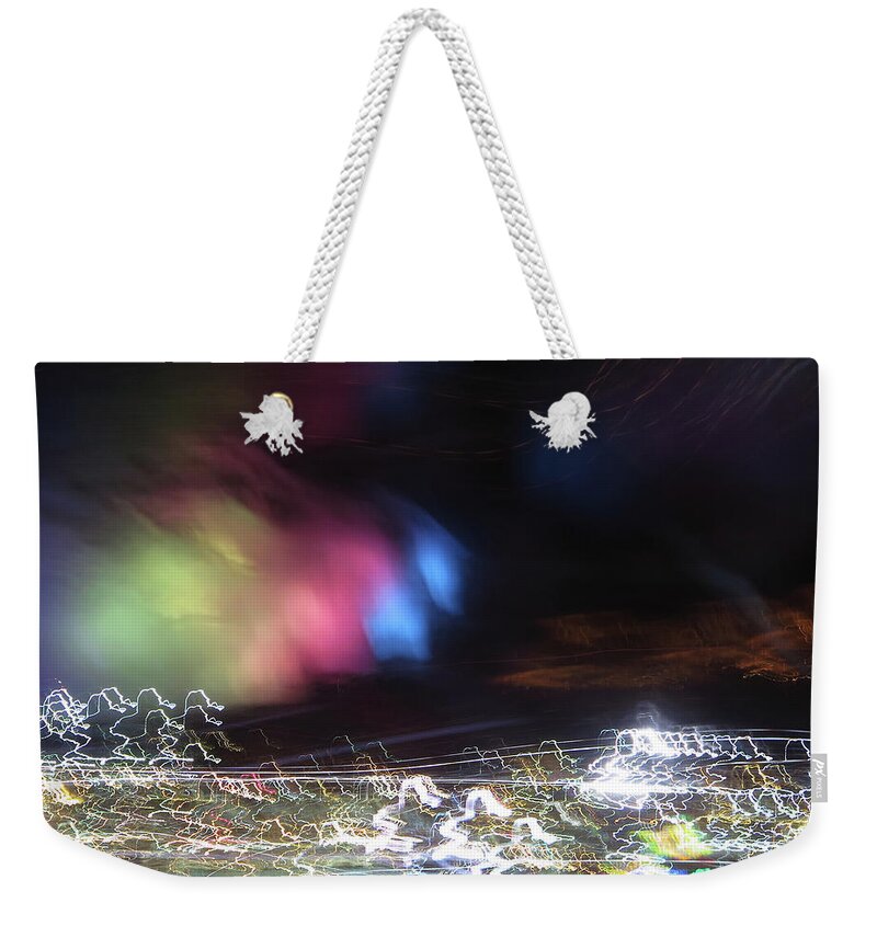 Light Weekender Tote Bag featuring the photograph Light Paintings - No 1 - Lightning Squared by Kathy Corday