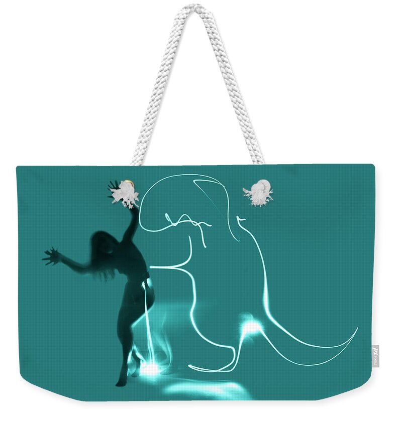 Light Weekender Tote Bag featuring the photograph Experimental nude light drawing dinosaur by Clayton Bastiani