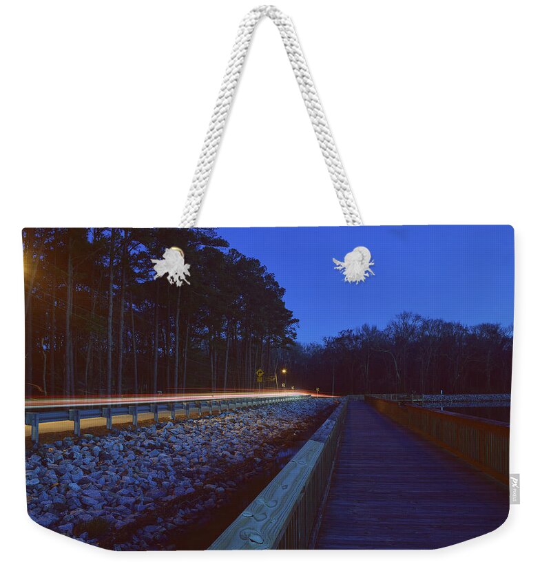 Light Weekender Tote Bag featuring the photograph Light Trails on Elbow Road by Nicole Lloyd