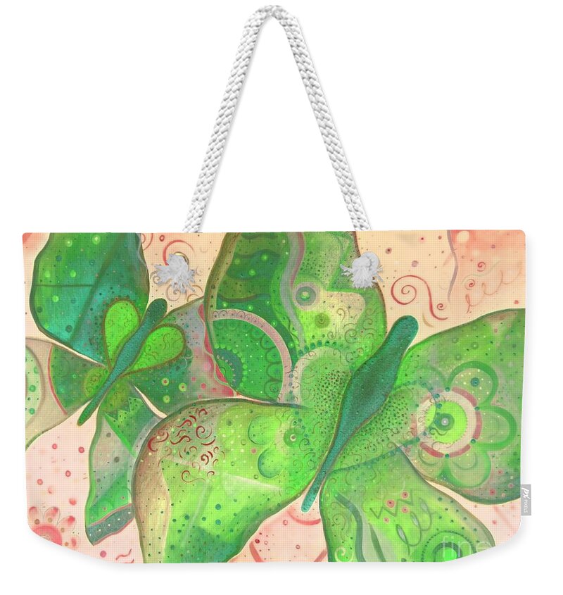 Moth Weekender Tote Bag featuring the painting Lighthearted In Green On Red by Helena Tiainen