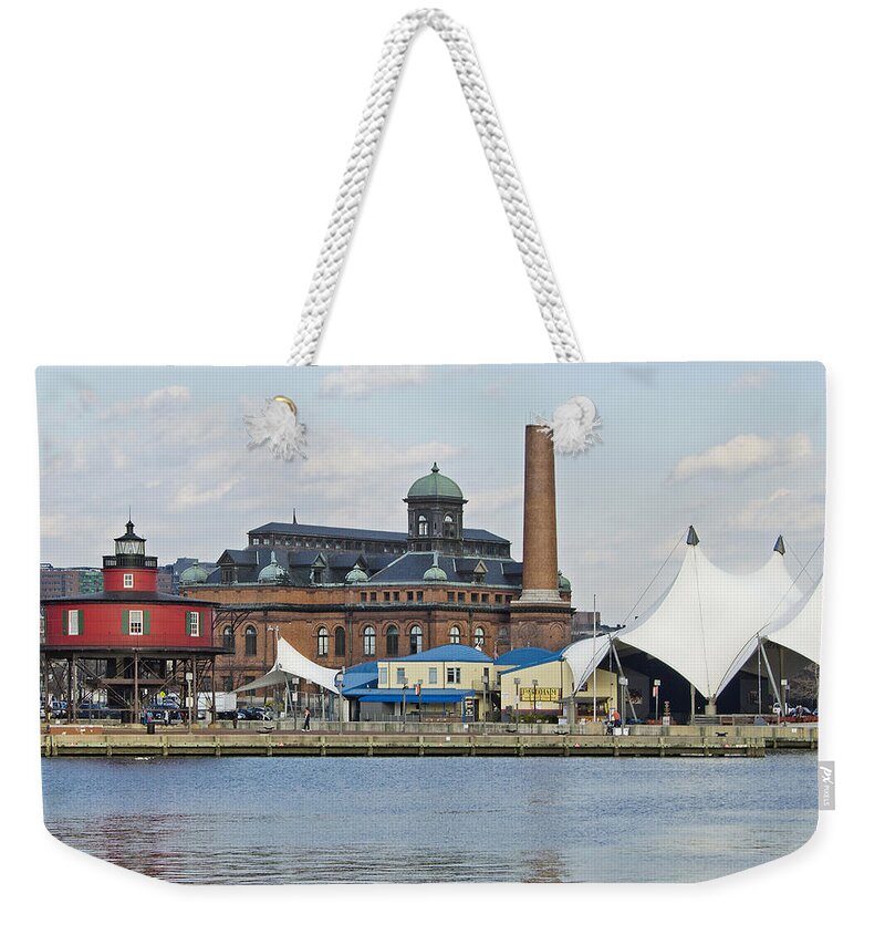 Baltimore Weekender Tote Bag featuring the photograph Lighthouse and Pier 6 - Baltimore by Brendan Reals