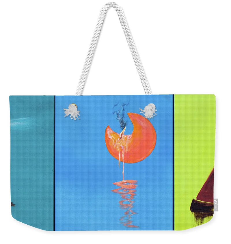 Beautiful Weekender Tote Bag featuring the painting Lighthouse Full Moon Sailboat by Ken Figurski