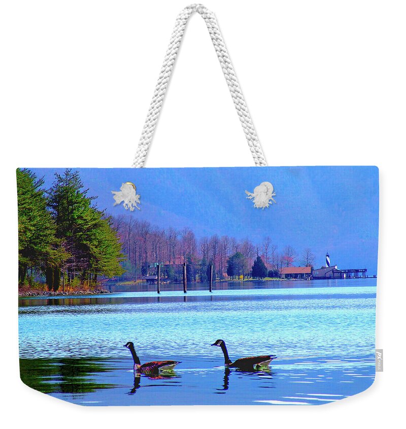 Lighthouse Weekender Tote Bag featuring the photograph Lighthouse Geese, Smith Mountain Lake by The James Roney Collection