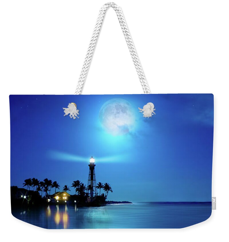 Hillsboro Lighthouse Weekender Tote Bag featuring the photograph Lighthouse Moon by Mark Andrew Thomas
