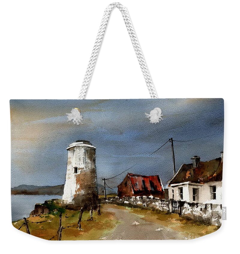 Wild Atlantic Way Galway Weekender Tote Bag featuring the painting Lighthouse on Inis Boffin, Galway by Val Byrne