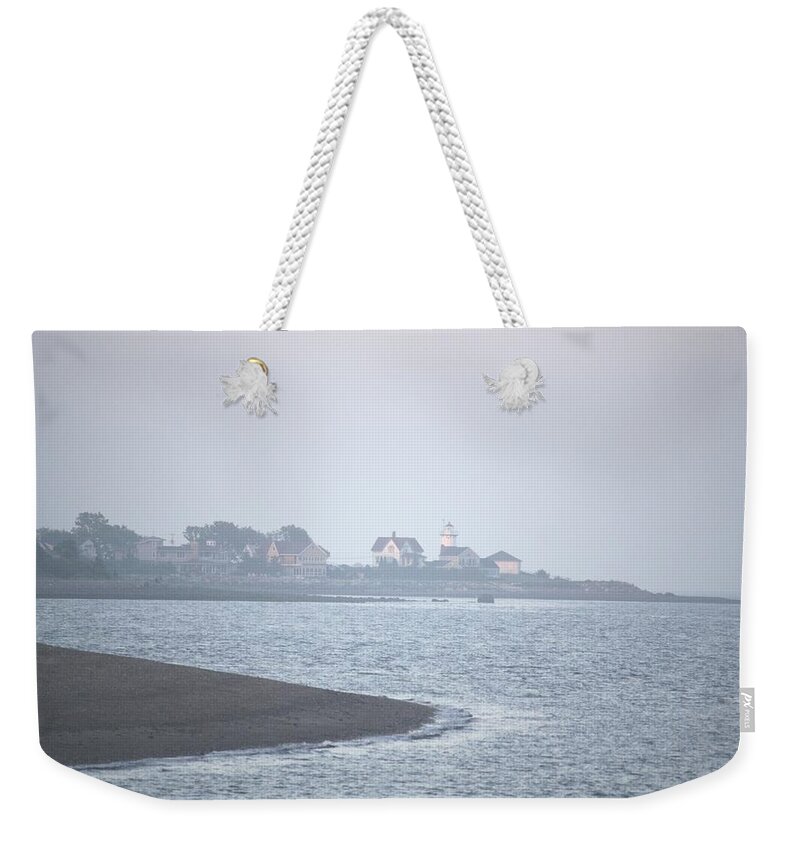 Lighthouse Weekender Tote Bag featuring the painting Lighthouse on Lordship Beach by Donna Walsh