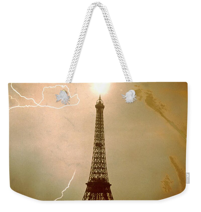 Storm Weekender Tote Bag featuring the photograph Lightning bolts striking the Eiffel Tower by JL Charmet