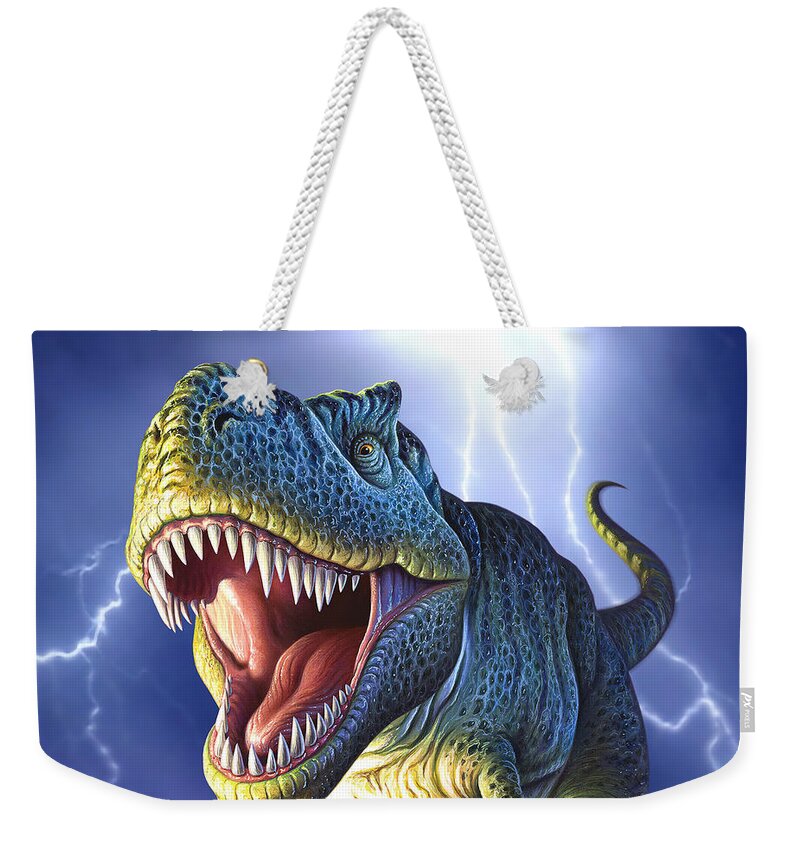 T-rex Weekender Tote Bag featuring the digital art Lightning Rex by Jerry LoFaro