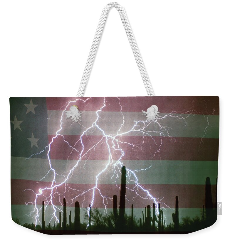 Americano Weekender Tote Bag featuring the photograph Lightning Storm in the USA Desert Flag Background by James BO Insogna