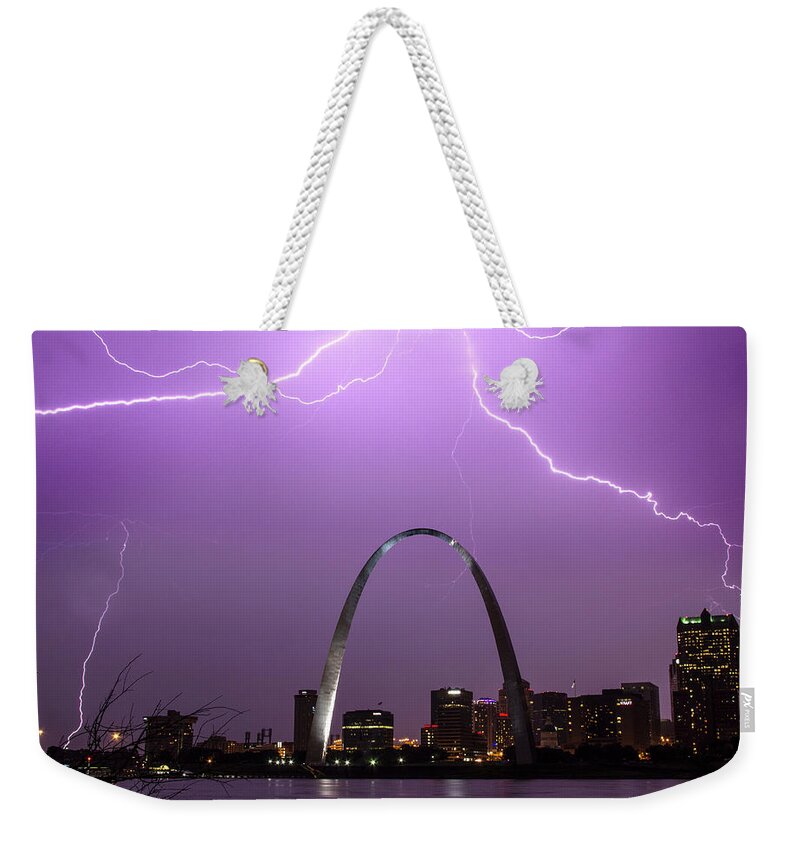 St Louis Weekender Tote Bag featuring the photograph Lightning Storm over the St Louis Arch by Garry McMichael