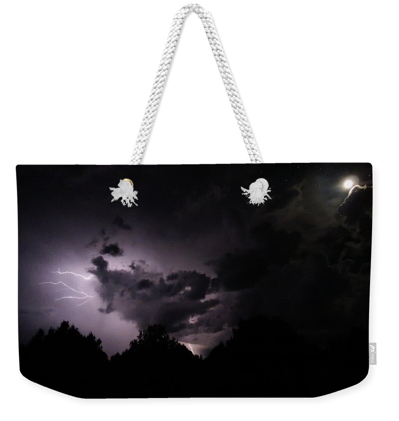 Lightning Photo Weekender Tote Bag featuring the photograph Lightning with Stars and Moon by Todd Krasovetz