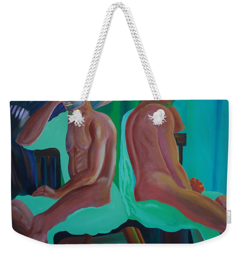 Like Poles Weekender Tote Bag featuring the painting Like Poles by Obi-Tabot Tabe