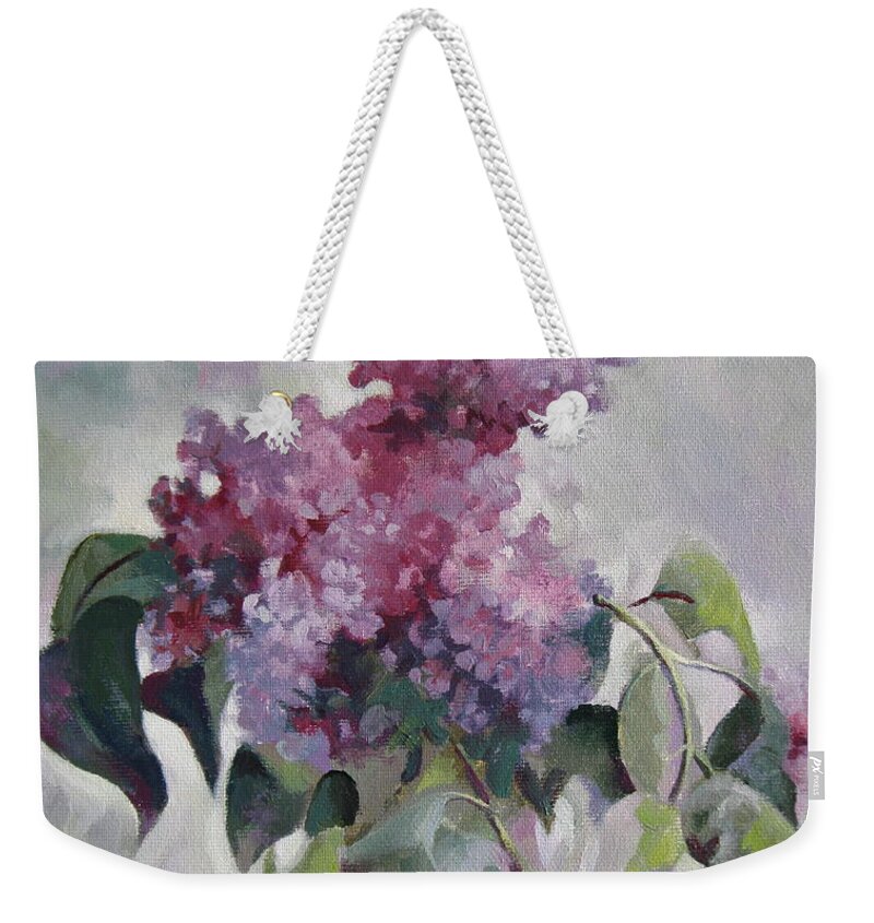 Lilac Weekender Tote Bag featuring the painting Lilac by Elena Oleniuc